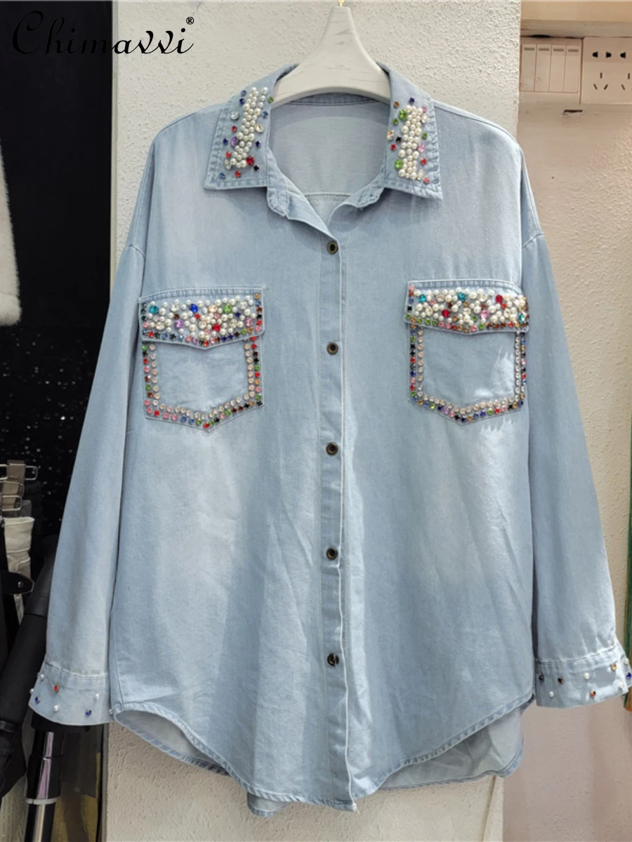 Heavy Beads Colorful Crystals Denim Shirt Women's 2024 Spring New Fashion Loose-Fitting Long Sleeves Streetwear Blouse Tops