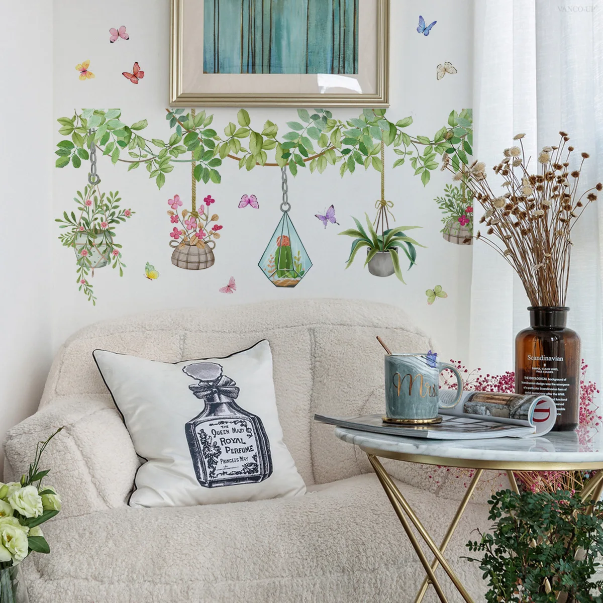 Hanging Planter & Butterfly Wall Decals- Removable Botanical Stickers for Home & Shop