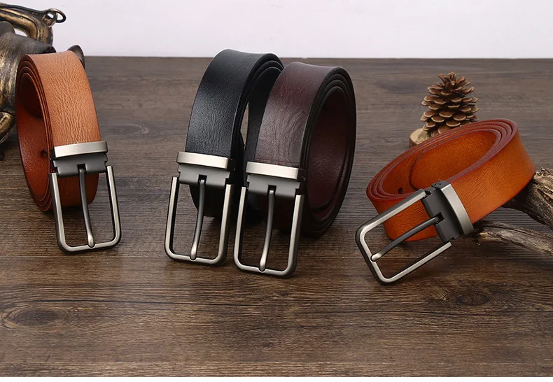 حزام رجالي من الجلد الأصلي كاجوال متعدد الاستخدامات مصنوع من خليط معدني بإبزيم على شكل دبوس وطبقة رأس وحزام جينز من جلد البقر