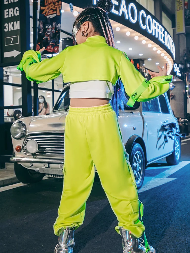 Hip Hop Costumes Girls Fluorescent Green Tops Pants Street Dance Outfit Modern Jazz Performance Dance Wear Rave Clothes BL7110