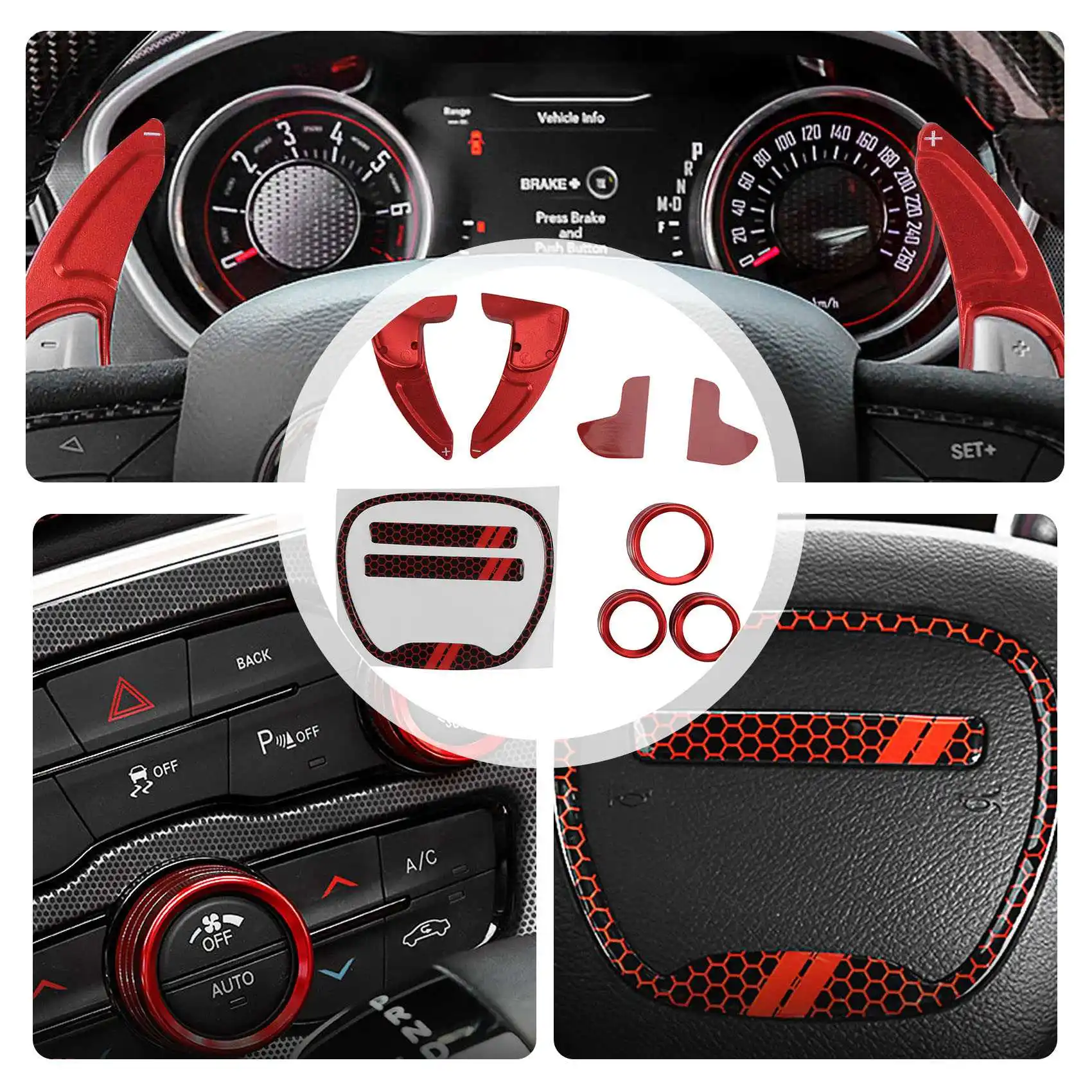 

For Dodge Challenger Charger Durango 2015-2020 Steering Wheel Shift Paddle+Emblem Kit+Air Conditioner Switch CD Button-T48C