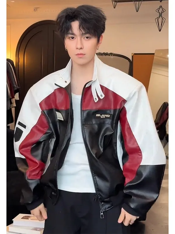 

American Sle Color Blo Leather Jaet Men's Spring Autumn Cleanfit High Street Haome Stand Collar Windproof Zipper