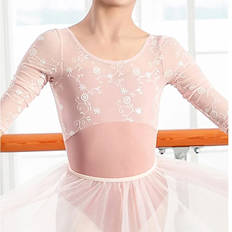 2022 New Embroidery Lace Dancewear Kids Medium Sleeve Ballet Leotard Ballerina Gymnastics Cloth Dance Bodysuit Danc