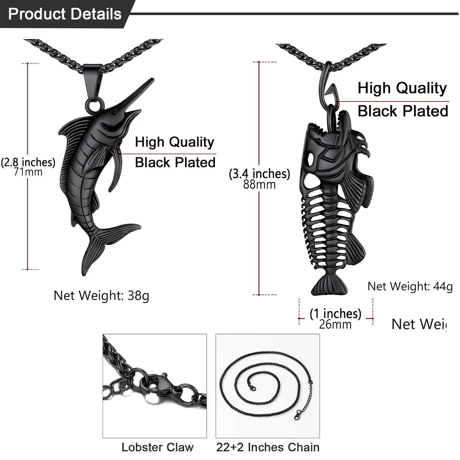 U7 Swordfish Fish Necklaces 316L Stainless Steel Fish Bone Fishing Jewelry Gift for Fishing Enthusiast for Husband Father