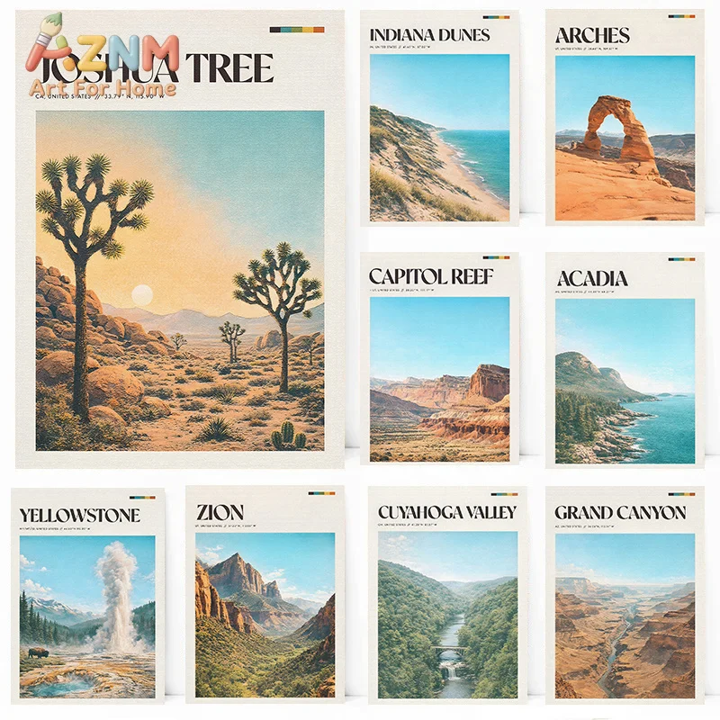 AZNM National Park Canvas Wall Art Vintage Travel Poster Joshua Tree Grand Canyon Mountain Nature Scenery Picture Unframed Canva