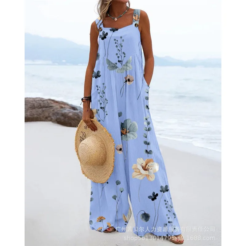 

Wepbel Loose Jumpsuit Rompers Casual Spaghetti Strap White Floral Jumpsuits Beach Wear Women Sling Slim Fit Wide Leg Jumpsuits