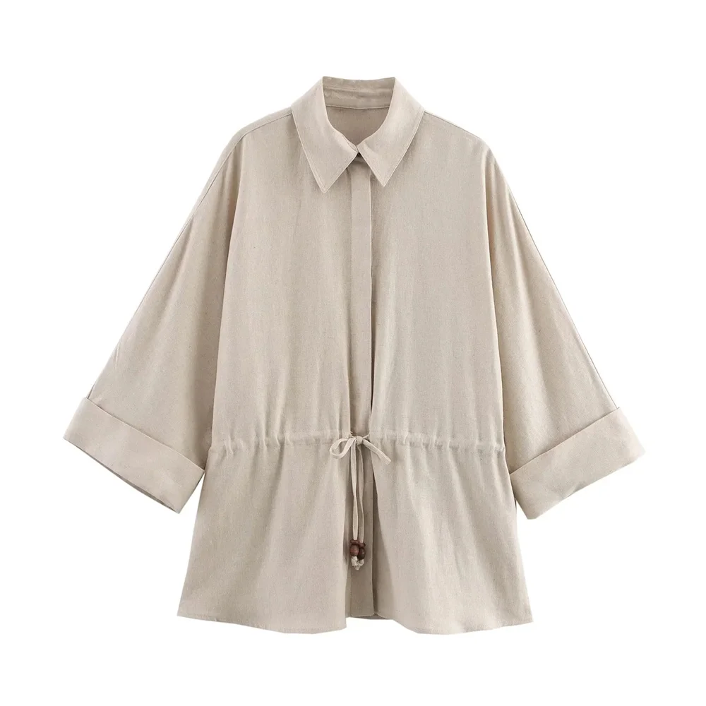 Damen-Langarmshirt im lässigen Stil mit Kordelzug-Design, Frühling/Sommer, neues Produkt, Kragen, lässiges Oberteil