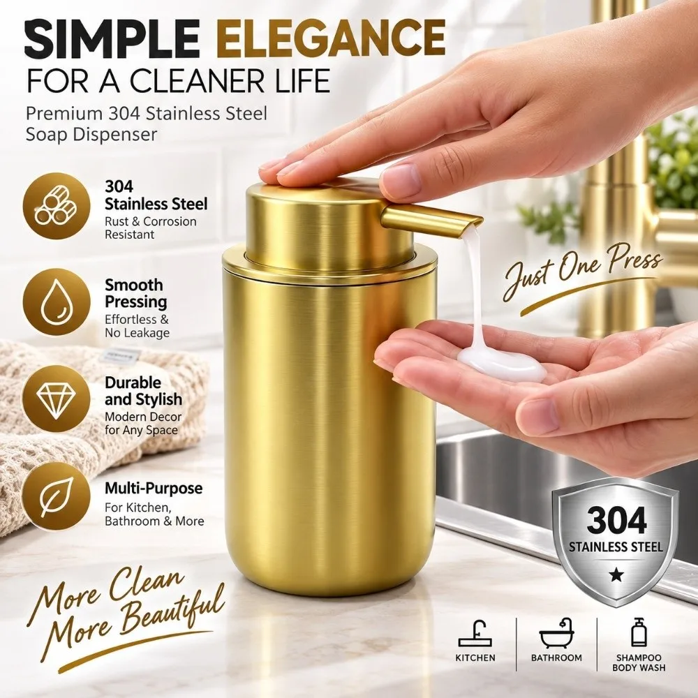 Stainless Steel Body Lotion Dispenser Plastic Pump Head Gold Color Hand Soap Bottle 160ml Capacity Reusable Bottle
