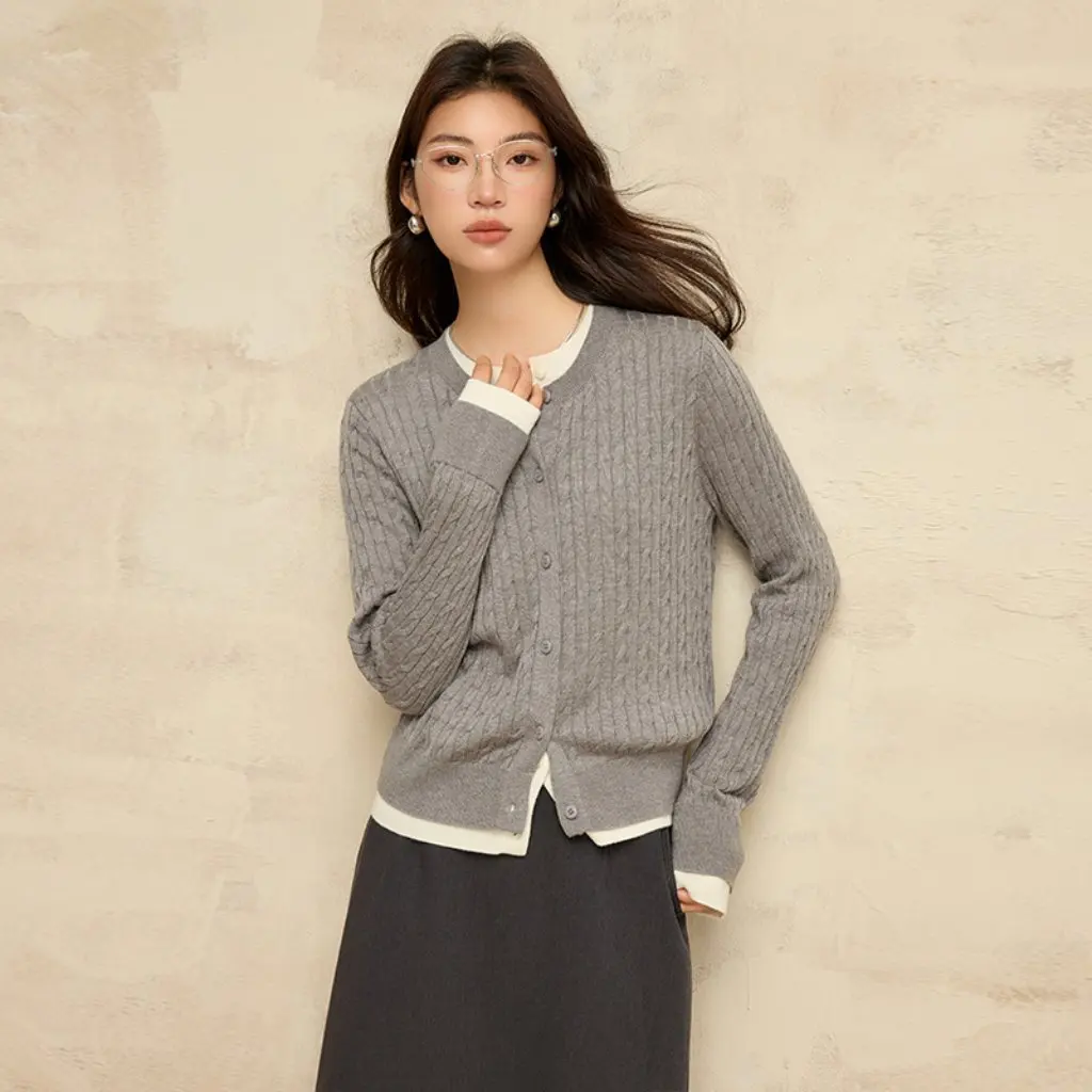 

Fali Women's Custom Fake Two-Piece Knitted Cardigan Jacket Contrasting Color Cable Knitwear for Autumn Winter Fashion Wool