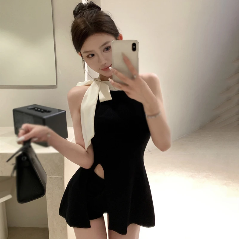 

Knitted Sleeveless Tank Top For Women Bowknot Halter Camisole Slim Fit Slit Design Elegant Hottie Street Wear Versatile Summer