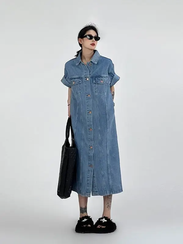 Summer New Women's Lapel Denim Shirt Dress Loose Vintage Casual Oversize Straight Tube Skirt