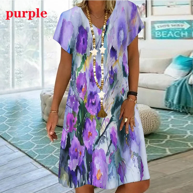 Tie Tye Colorful Gradient Floral Print Dresses For Summer Women Short Sleeve Loose Dress Casual V-Neck Ladies Oversized Clothing