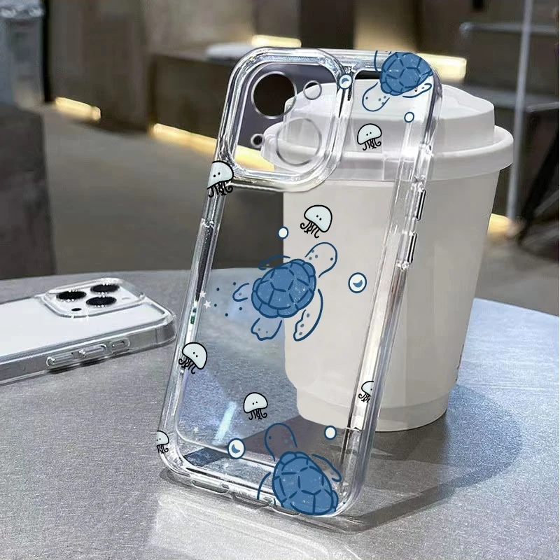 Turtle and Jellyfish Phone Case For iPhone 17 Air 16E 16 15 14 11 Pro Max Plus 13 12 Mini 8 7 X Transparent Shockproof Cover