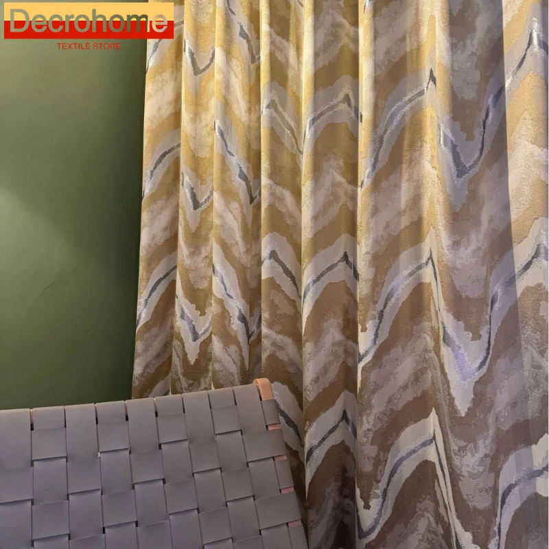 New Amber Light Jacquard High Precision Curtains Simple Water Ripple Curtains for Living Dining Room Bedroom Custom Size Decor