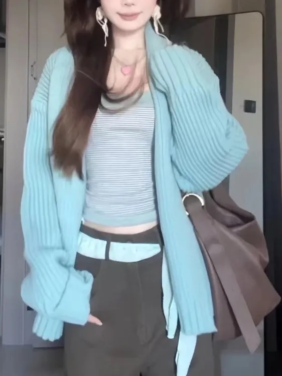 Solto azul camisola de malha cardigan feminino coreano sle outono inverno nova chegada confortável preguiçoso high end sentimento outerwear