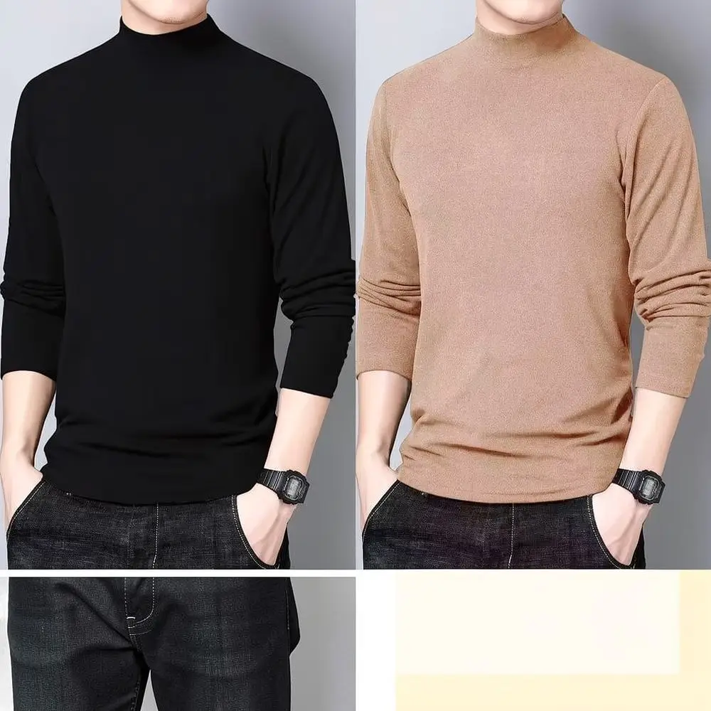 Mens Thermal Undershirt Mock Neck Long Sleeve T Shirt Slim Fit Autumn Winter Velvet Lining Solid Color Warm Base Tee