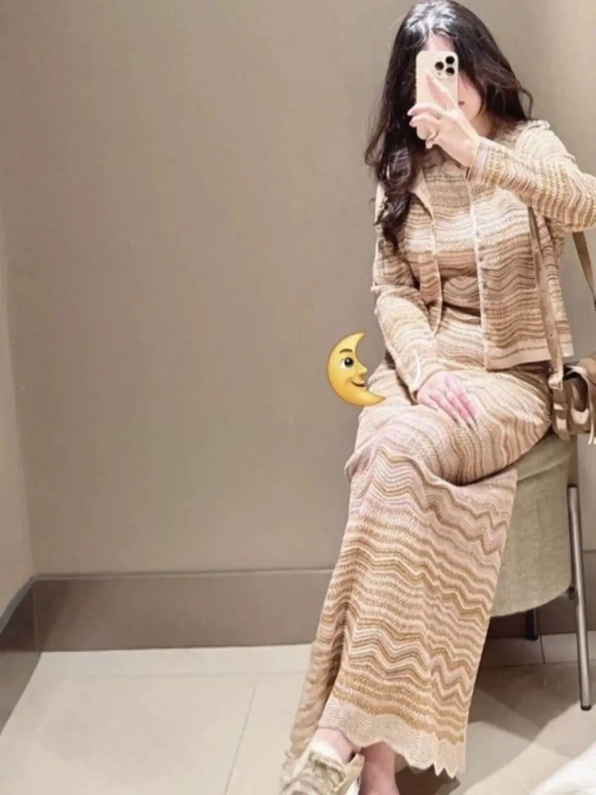 

Spring/Summer Women O-Neck Wavy Stripe Knit Set Sleeveless Maxi Dress + Long Sleeve Single Breasted Knitwear Cardigan