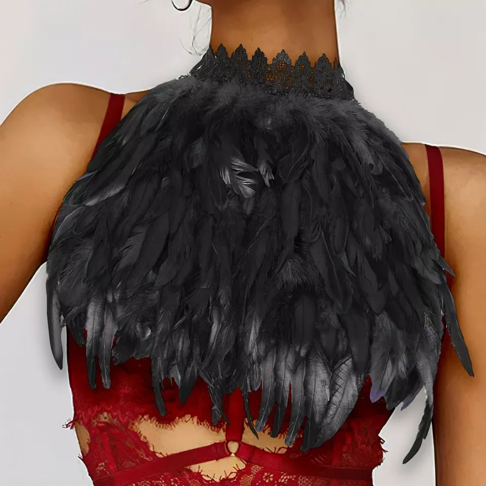 เสื้อคลุมผ้าลูกไม้สไตล์โกธิคประดับขนนก พร้อมเข็มขัด สำหรับงานฮาโลวีน งานแสดง ชุดเต้นรำพื้นเมือง แฟชั่นผู้หญิง