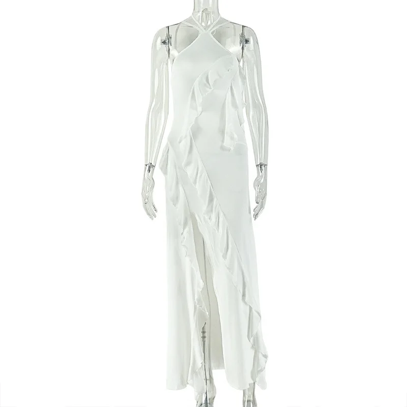 

Women's Sexy Solid Color Slit Home Bag Hip Skirt Hanging Collar, Backless Ruffle Edge Dress