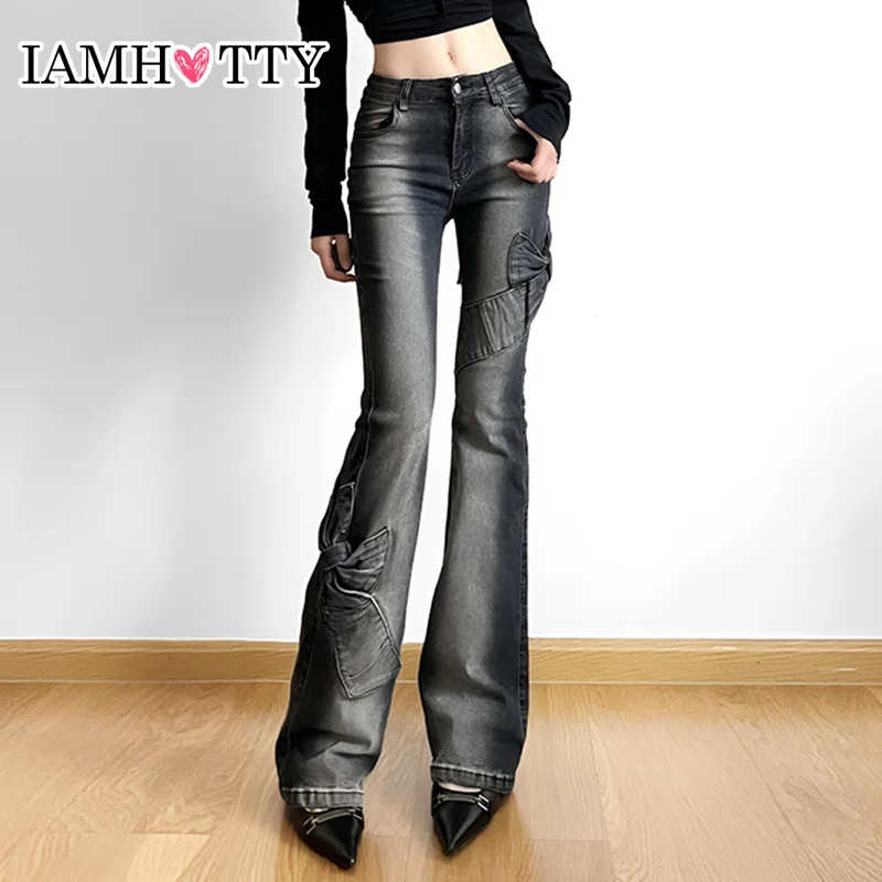 

IAMHOTTY High Street Bow Patched Skinny Jeans High Waist Washed Color Flare Denim Pants Korean Style Slim-fit Trousers Vintage