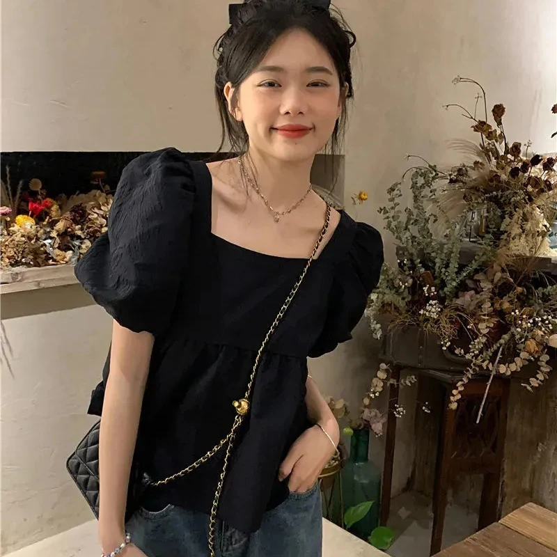 Sweet Women T Shirt French Square Collar Puff Sleeve Chic Simple Crop Tops Summer New Fashion All Match Solid Female Blouse