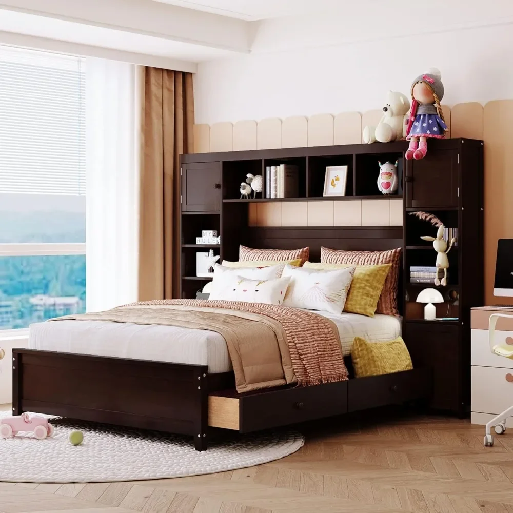 With Full Bedside Table and Shelf, Solid Wood Platform Bed, 4 Storage Drawers and Solid Flat Noodles Support