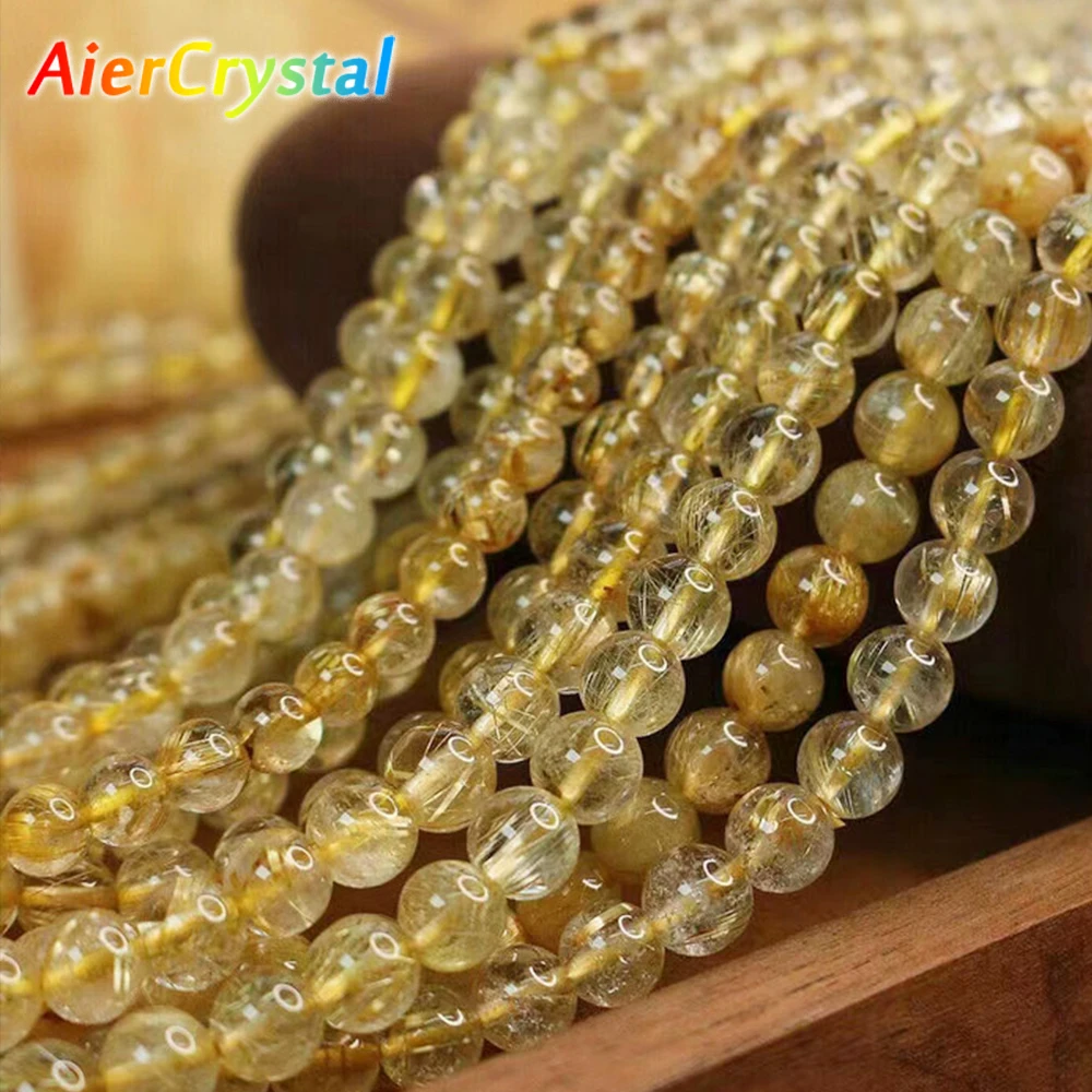 Natural Rutilated Quartz Loose Bead Single Round Bead Bracelet Buddha Bead Beading Golden Hair Crystal Jewelry DIY Accessories