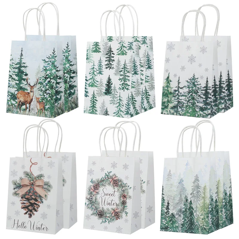 6/12/18 stücke Weihnachten Geschenk Taschen Elch Wald Weihnachten Baum Kraft Papier Süßigkeiten Geschenk Verpackung Tasche mit griff Neue Jahr Party Decor Versorgung – Detail 4