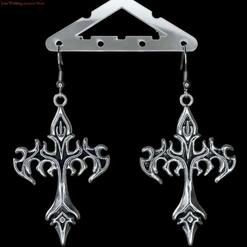 G92D Gothic Flame Crosses Dangle Earrings Punk Rock Earrings Hip Hop Jewelry Alloy Texture Suitable for Women Men Present