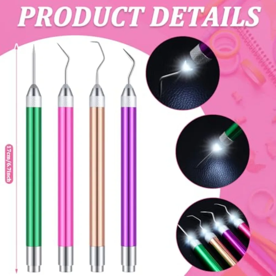 Leriton 4 Pcs LED Weeding Tools for Vinyl with Light Weeding Tool with 5 Different Hooks Lighted Pin Pen Tool for Removing Iron