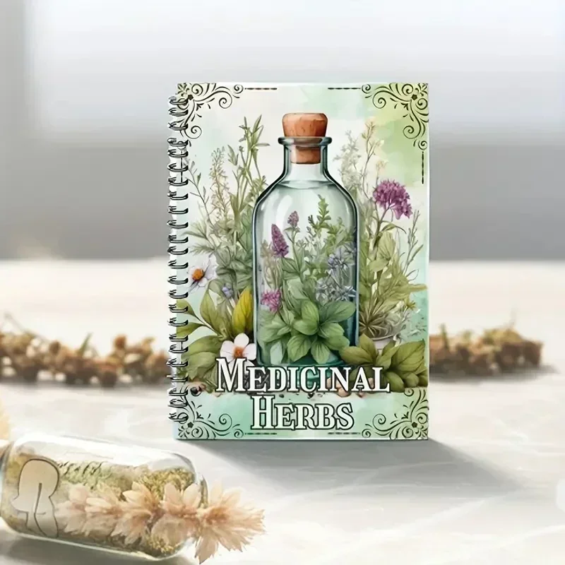 Cuaderno de hierbas encuadernado en espiral: diseño de boticario vintage con hierbas medicinales ilustradas, perfecto para entusiastas de las hierbas