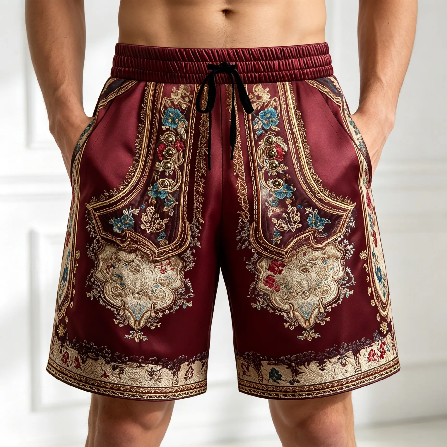 Shorts casuais masculinos com estampa floral barroca e cintura com cordão, estilo vintage real para uso diário ao ar livre na primavera e no verão