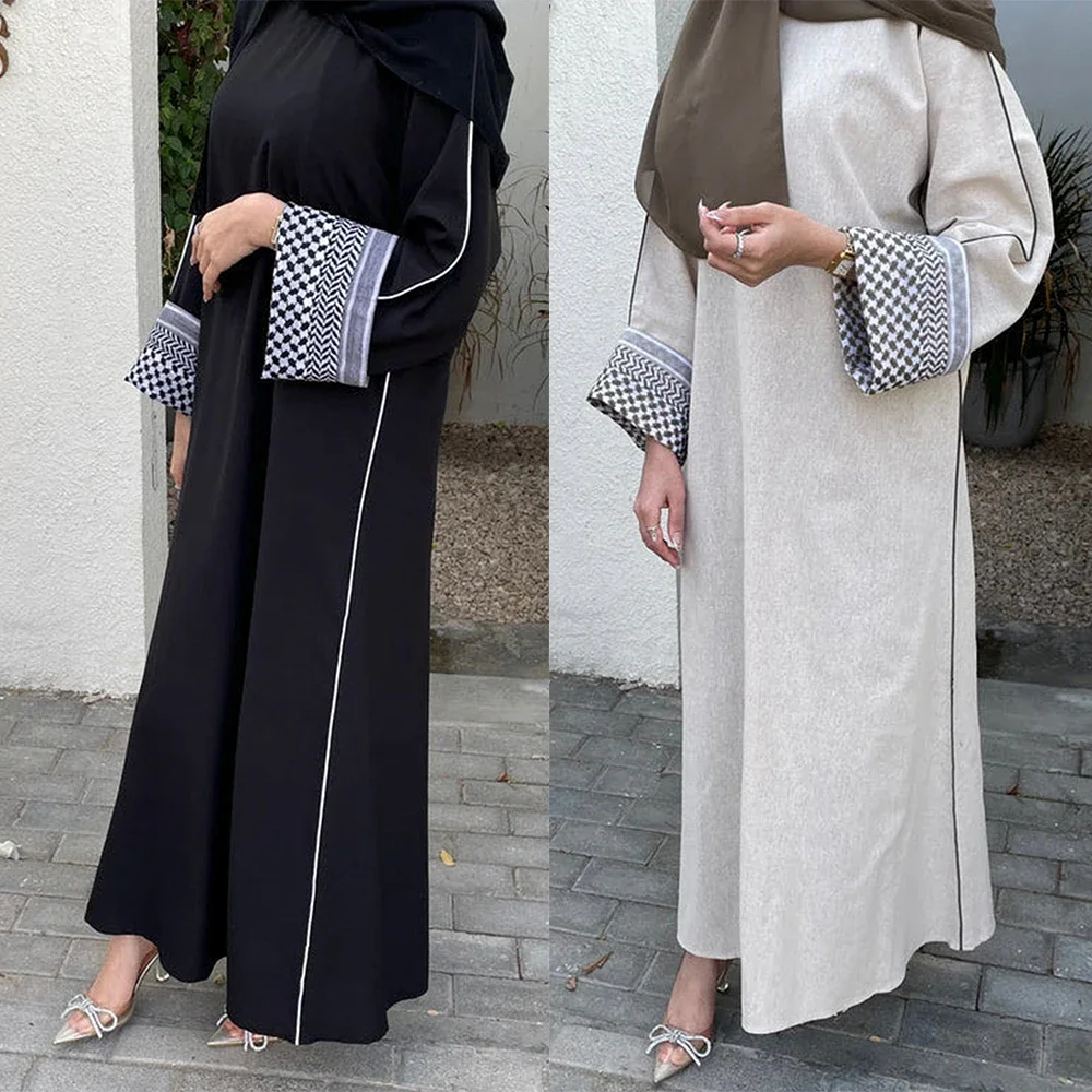 

Keffiyeh Linen Closed Abaya Dubai Luxury Muslim Hijab Dress Patchwork 2024 Party Dresses for Women Ramadan Eid Islam Kaftan Robe