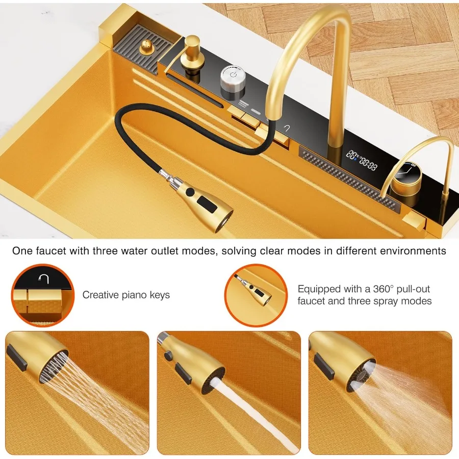 29.5 x 18 Inch Gold 304 Stainless Steel Smart Waterfall Kitchen Sink Set with Pull-down Faucet Drain Basket Inside-Basin Organi