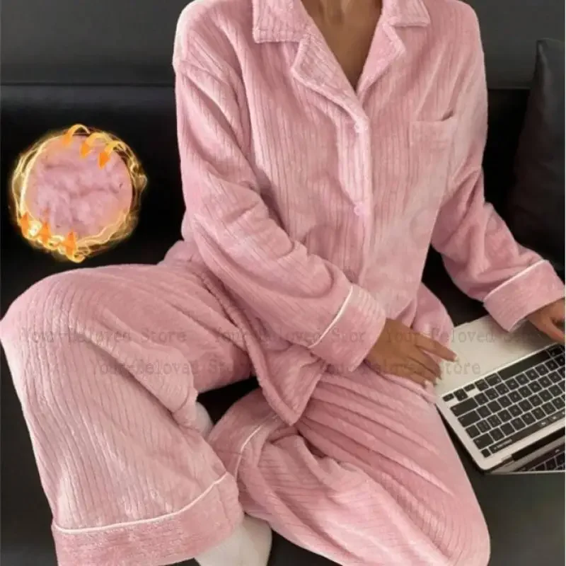 

Осенне-зимняя новая домашняя одежда, женские пижамы с длинными рукавами, плотная теплая фланелевая одежда для сна с воротником с лацканами, верхние брюки, одежда для дома