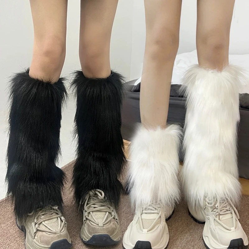 1/2pairs Black White Faux Fur Leg Warmers Boot Covers Y2K Goth Solid Leg Socks Punk Knee-length Hiphop Hotgirl Fashion Warm Sock