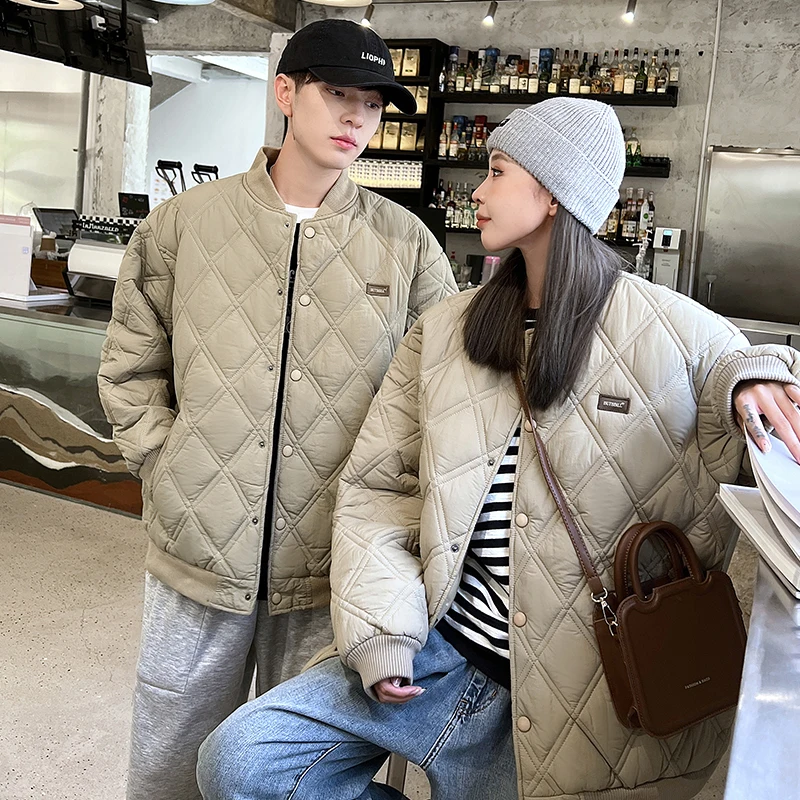 Couples style parka women's winter jacket with front concealed buckle fashion simple diamond coat elegant stand collar jacket