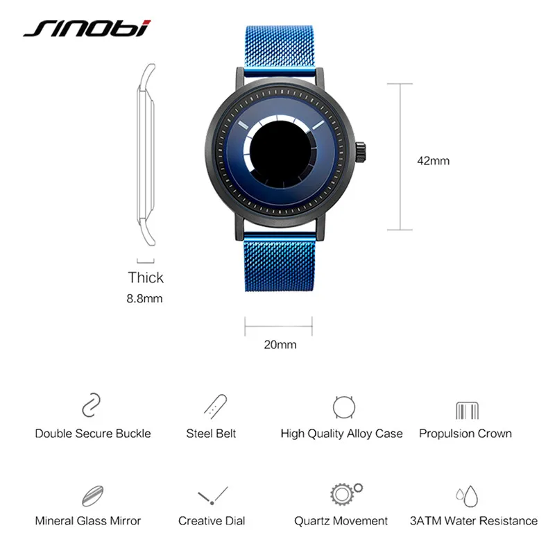 SINOBI Creative Original Design Men's Watches Fashion Stainless S Man Quartz Wristwatches Blue Top Brand Male Relogio Masculino