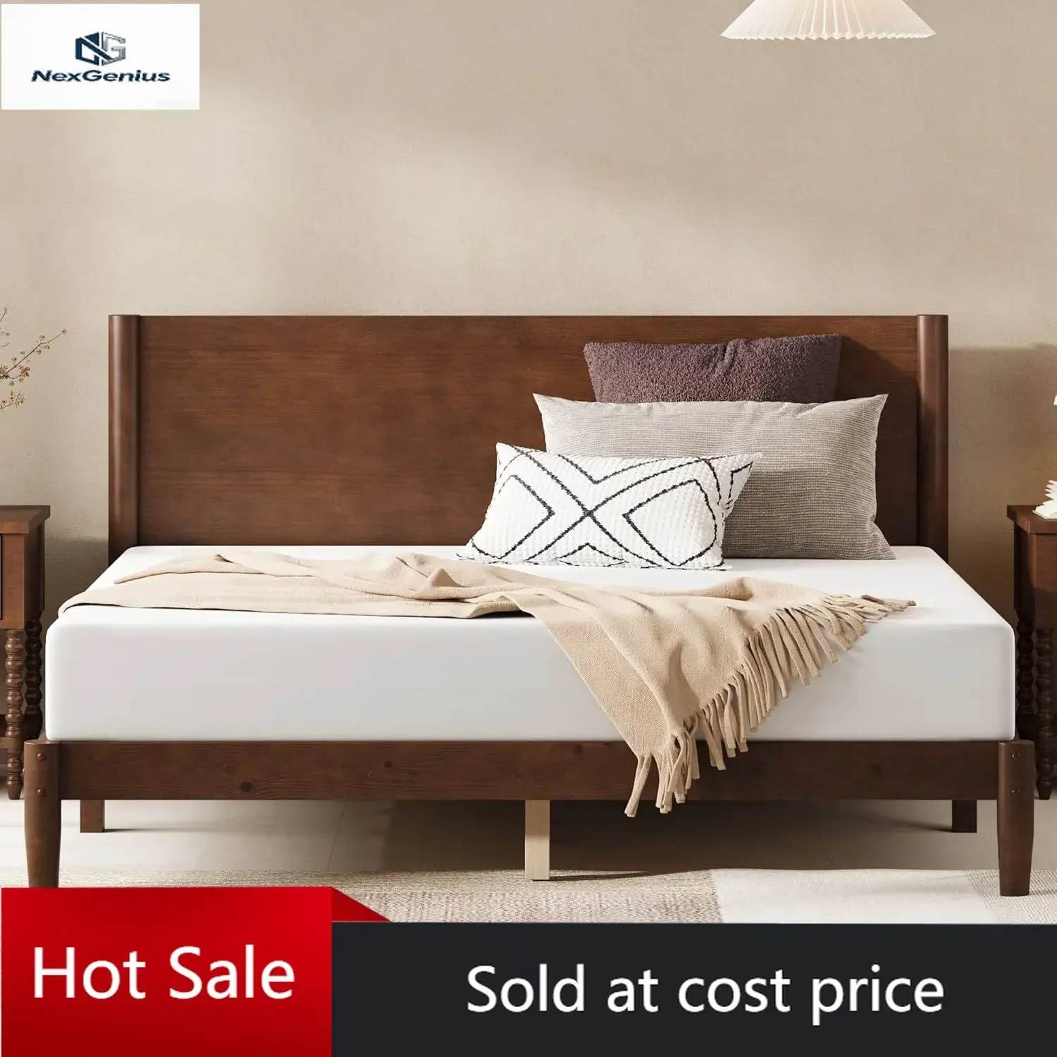 AMERLIFE Solid Wood Queen Bed Frame, Mid Century Modern Platform Bed with Full Panel Headboard, Wooden Bed with Cylindrical Legs