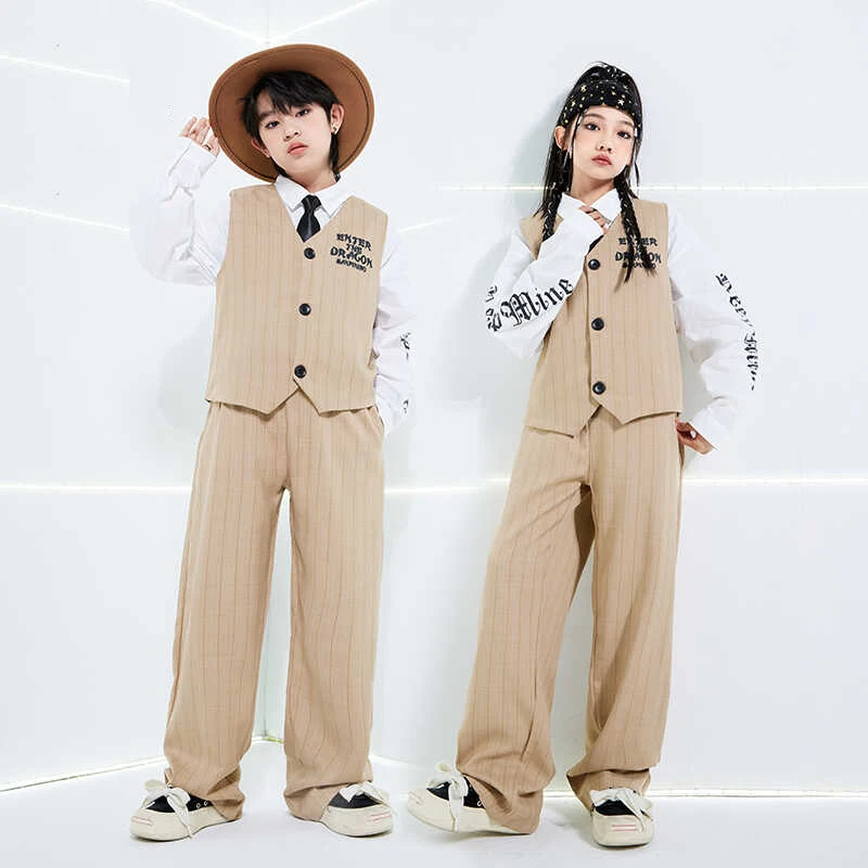 

Khaki Hip Hop Dance Costume Boys Girls Jazz Vest Pants Poppin Breaking Dance Outfits Concert Stage Wear Kids Fashion Wear L14693