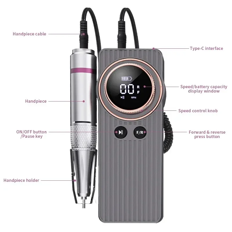 Máquina elétrica recarregável da broca do prego, lima do prego, acessórios dos pregos com exposição do LCD, lixadeira polonês do gel, baixo ruído, 35000RPM