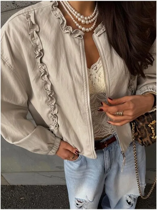 Korean Style Short Leather Jacket with Lace Design Women's Fashion Outerwear Spring Autumn Winter Casual Street Style