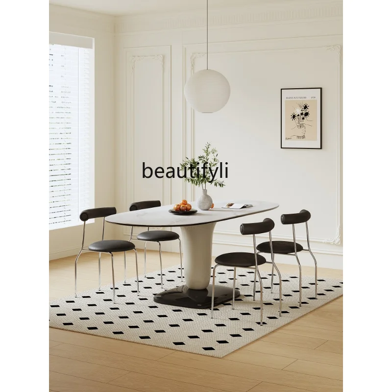 

Cream Style Stone Plate Dining Tables and Chairs Set Light Luxury Modern Simple Home Small Apartment High-End Oval New