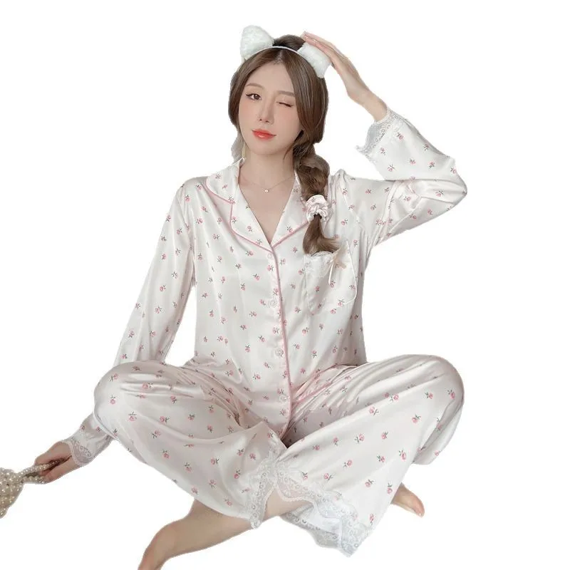 طقم ملابس نوم نسائية خفيفة الوزن للربيع/الخريف: بلوزة وسروال بأكمام طويلة باللون الوردي الخوخي الحلو للمنزل #1