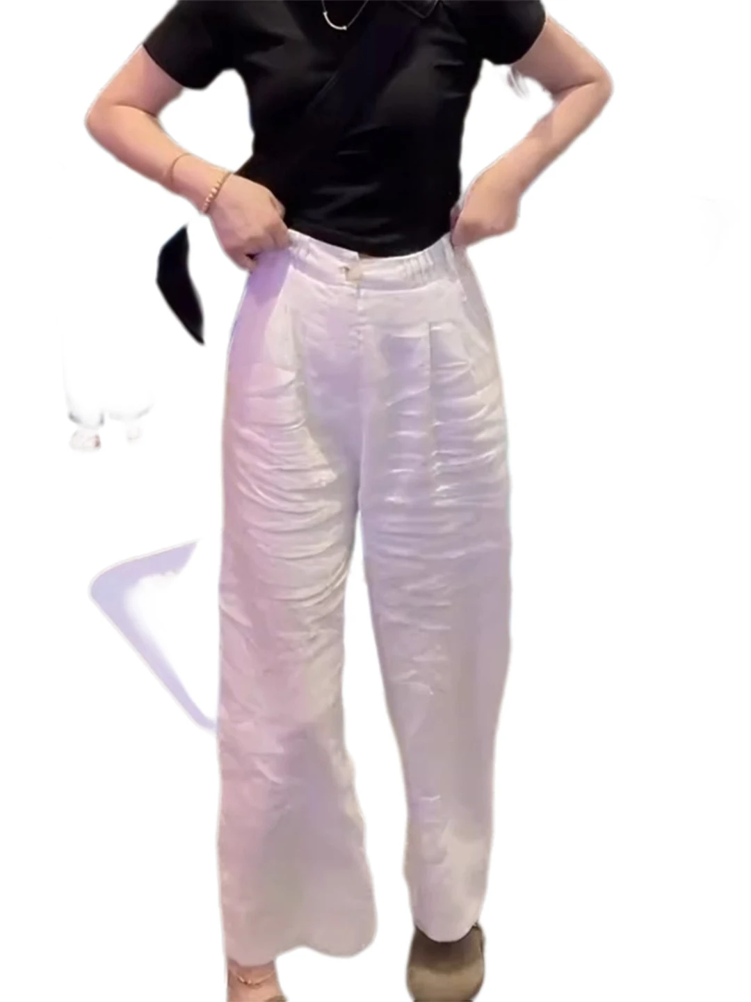 Pantalon taille haute à jambes larges, coupe ample, léger, mélange de coton et lin, coupe droite à neuf points, pour femmes de grande taille, été