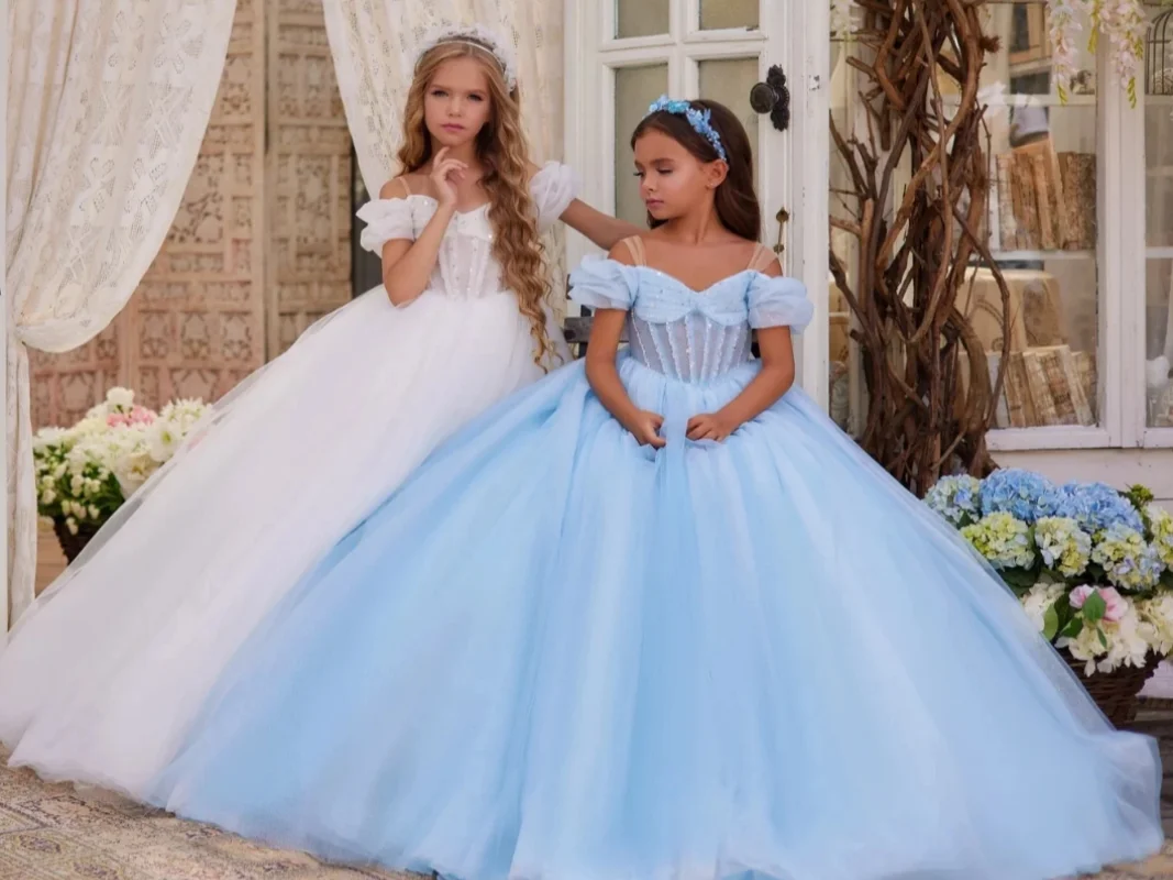 Vestido de princesa con lentejuelas y flores bordadas para niña, traje esponjoso con tirantes, ropa de actuación para fiesta de cumpleaños, novedad de 2024