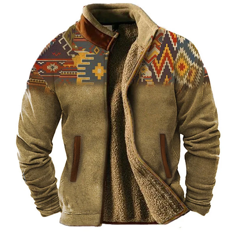 Aztec Patchwork Print Fleece Jacket Men Fall Winter Warm Fleece Lining Outerwear Men Vintage Zipper Stand Collar Coat Jackets