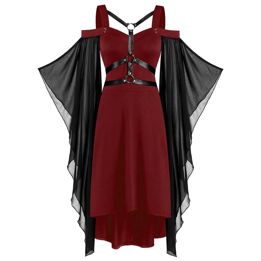 ROSEGAL-Gothic Grommet Lace Up Mini Vestido, Cintura Alta, Ombro Frio, Lenço De Malha, Vestidos De Ruffles A Linha, Verão, S-5XL, 2022