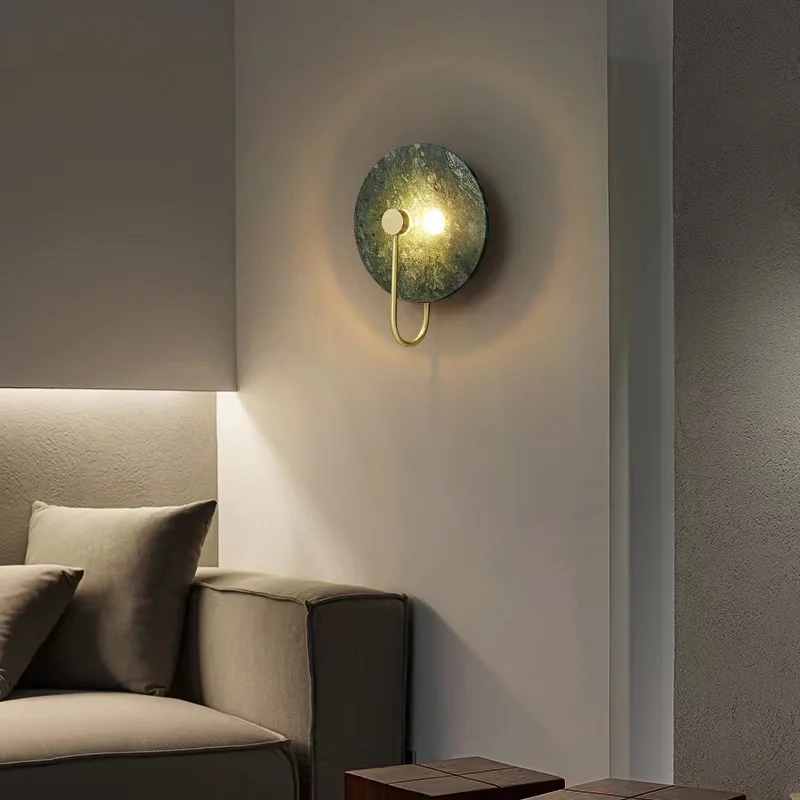 YEBMLP Modern Round Wall Lamp Indoor Copper Marble Bedside Light Luxury Parlor Background Aisle Stair Cloakroom LED Wall Lights