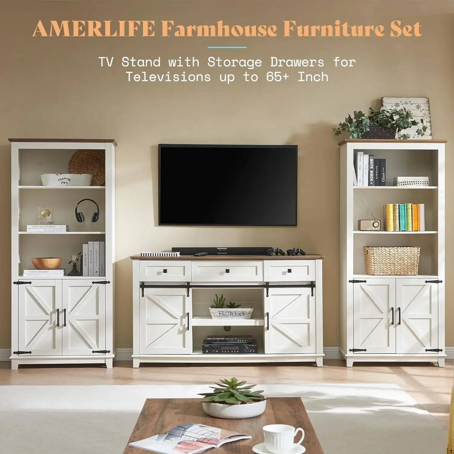 Farmhouse TV Stand para televisão, centro de entretenimento com portas deslizantes de celeiro, gavetas de armazenamento até 65"